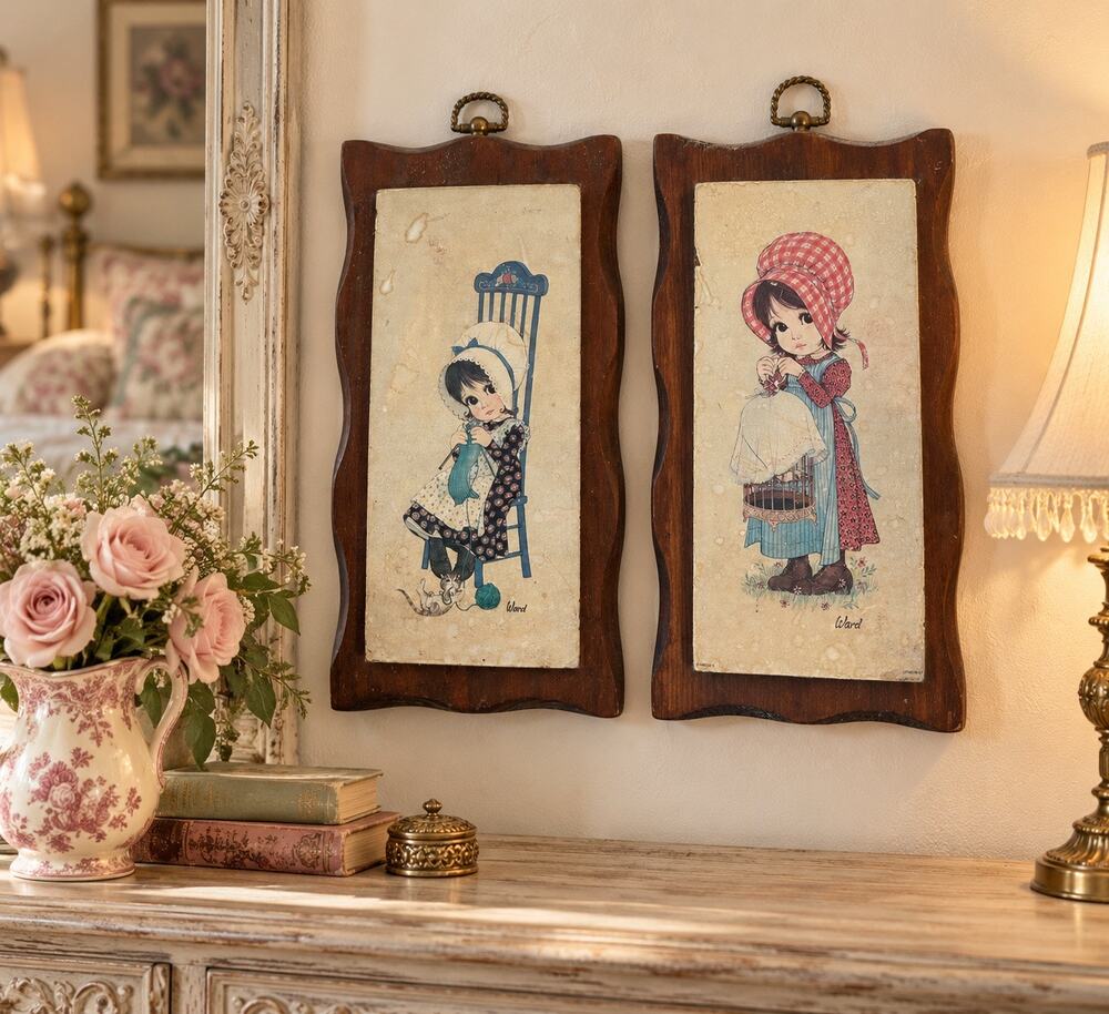 Vintage Ward Big Eye Girl Lithograph Wood Wall Plaques Set of 2 1970s